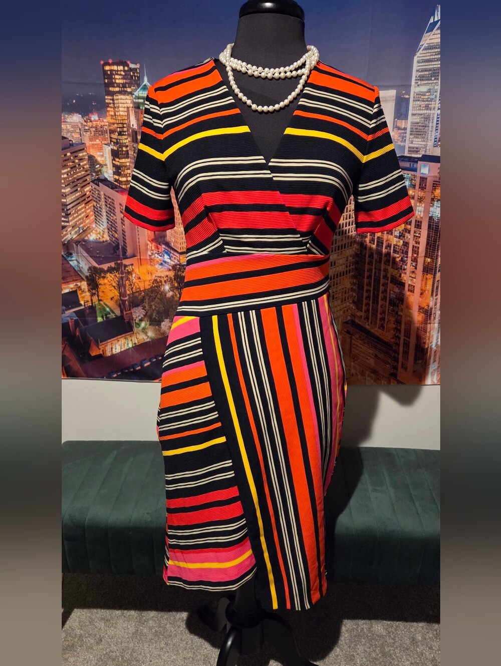 Striped Wrap-Style Midi Dress in Black, Red, Orange, Yellow & Pink